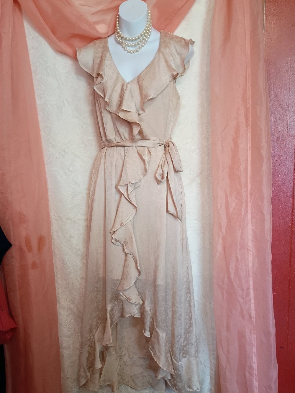 DKNY Ladies Tan Ruffle Wrap High-Low Dress Sz 8